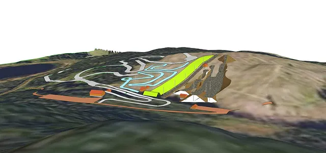 3D-modell av planlagt alpinanlegg med skispor, heistraséer og bygninger plassert i kupert terreng.