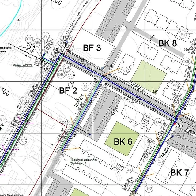 Teknisk kart med traseer, kummer og ledningsnett for VA-anlegg gjennom boligområder merket BF 2, BF 3, BK 6, BK 7 og BK 8.